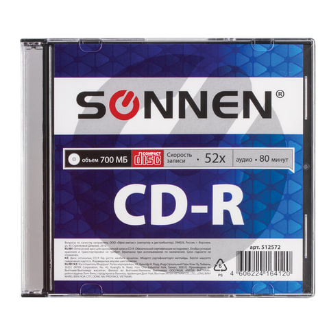Диск CD-R SONNEN, 700 Mb, 52x, Slim Case (1 штука), 512572 Диск CD-R SONNEN, 700 Mb, 52x, Slim Case (1 штука), 512572