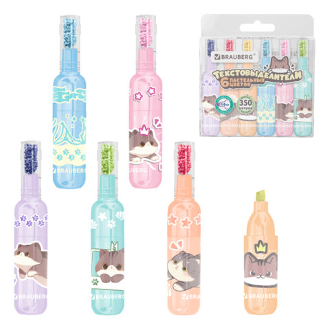 Набор текстовыделителей 6 ПАСТЕЛЬНЫХ ЦВЕТОВ, кросс-серия МИЛЫЕ КОТЫ, линия 1-5 Набор текстовыделителей 6 ПАСТЕЛЬНЫХ ЦВЕТОВ, кросс-серия МИЛЫЕ КОТЫ, линия 1-5