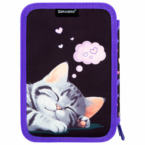 Пенал BRAUBERG, 3 отделения, полиэстер, 21х14 см, "Sleeping kitten",