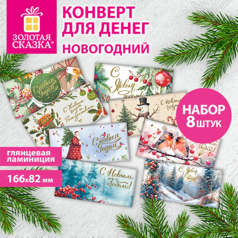 Конверт для денег новогодний, НАБОР №2, 8 ДИЗАЙНОВ, 166х82 мм, ламинация,