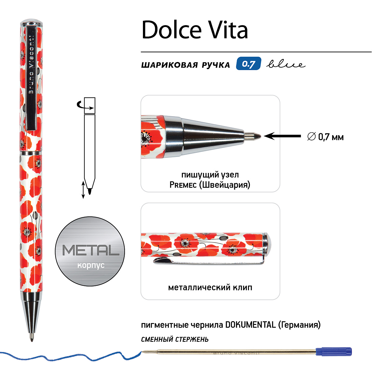 РУЧКА "DOLCE VITA. Маки" В МЕТАЛЛИЧЕСКОМ ФУТЛЯРЕ 0,7 ММ, СИНЯЯ (футляр