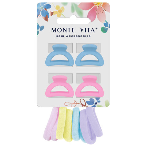 Набор для волос 12 шт: 8 резинок + 4 краба, пастельные цвета, MONTE VITA (МОНТЕ Набор для волос 12 шт: 8 резинок + 4 краба, пастельные цвета, MONTE VITA (МОНТЕ