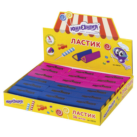 Ластик ЮНЛАНДИЯ "Candy", 55х16х16 мм, ассорти, термопластичная резина,