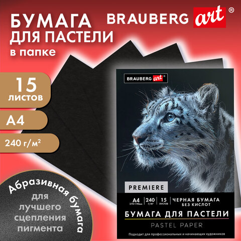 Бумага для пастели АБРАЗИВНАЯ А4 в папке, 15 листов, ЧЕРНАЯ, 240 г/м2, BRAUBERG