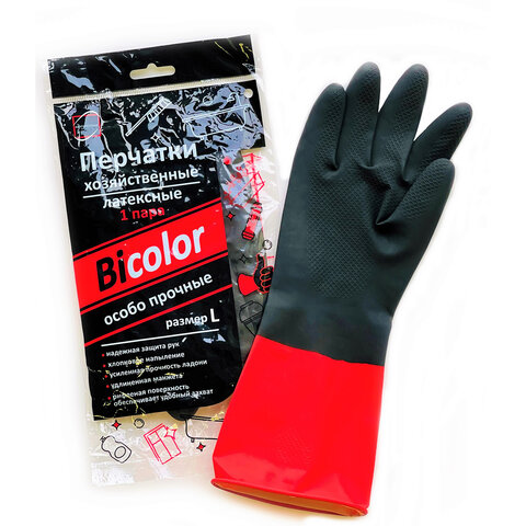 Перчатки хозяйственные латексные BiColor черно-красные, х/б напыление, размер L