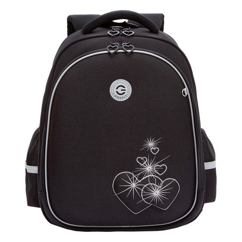 Ранец GRIZZLY анатомическая спинка, c брелоком, для девочек, "HEARTS",