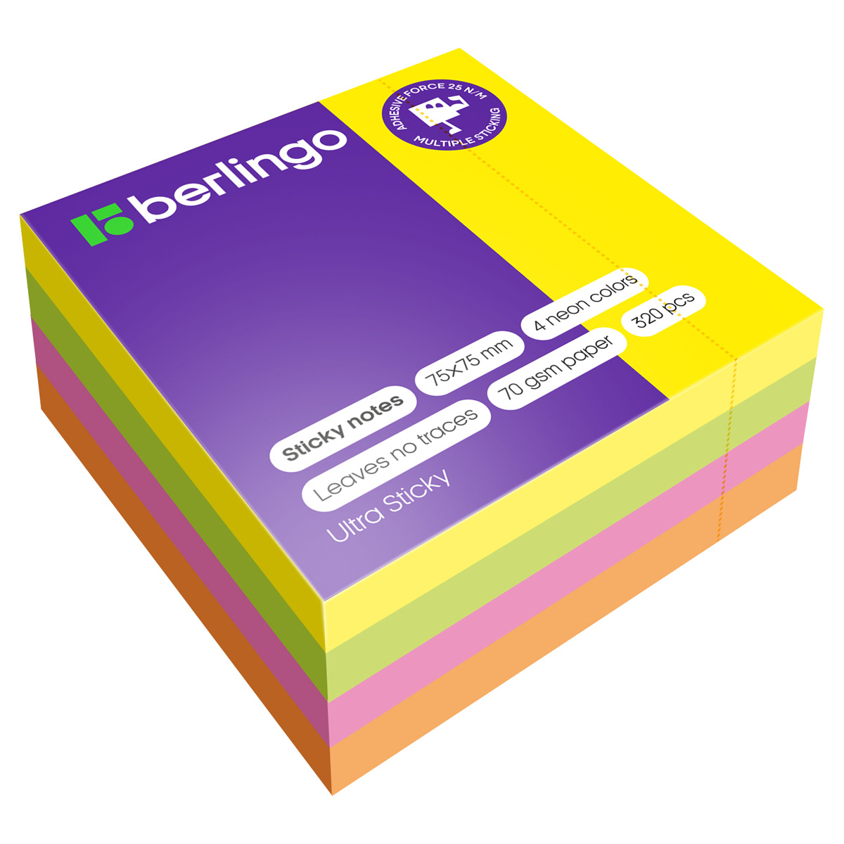 Самоклеящийся блок Berlingo "Ultra Sticky", 75*75мм, 320л, 4 неоновых Самоклеящийся блок Berlingo "Ultra Sticky", 75*75мм, 320л, 4 неоновых