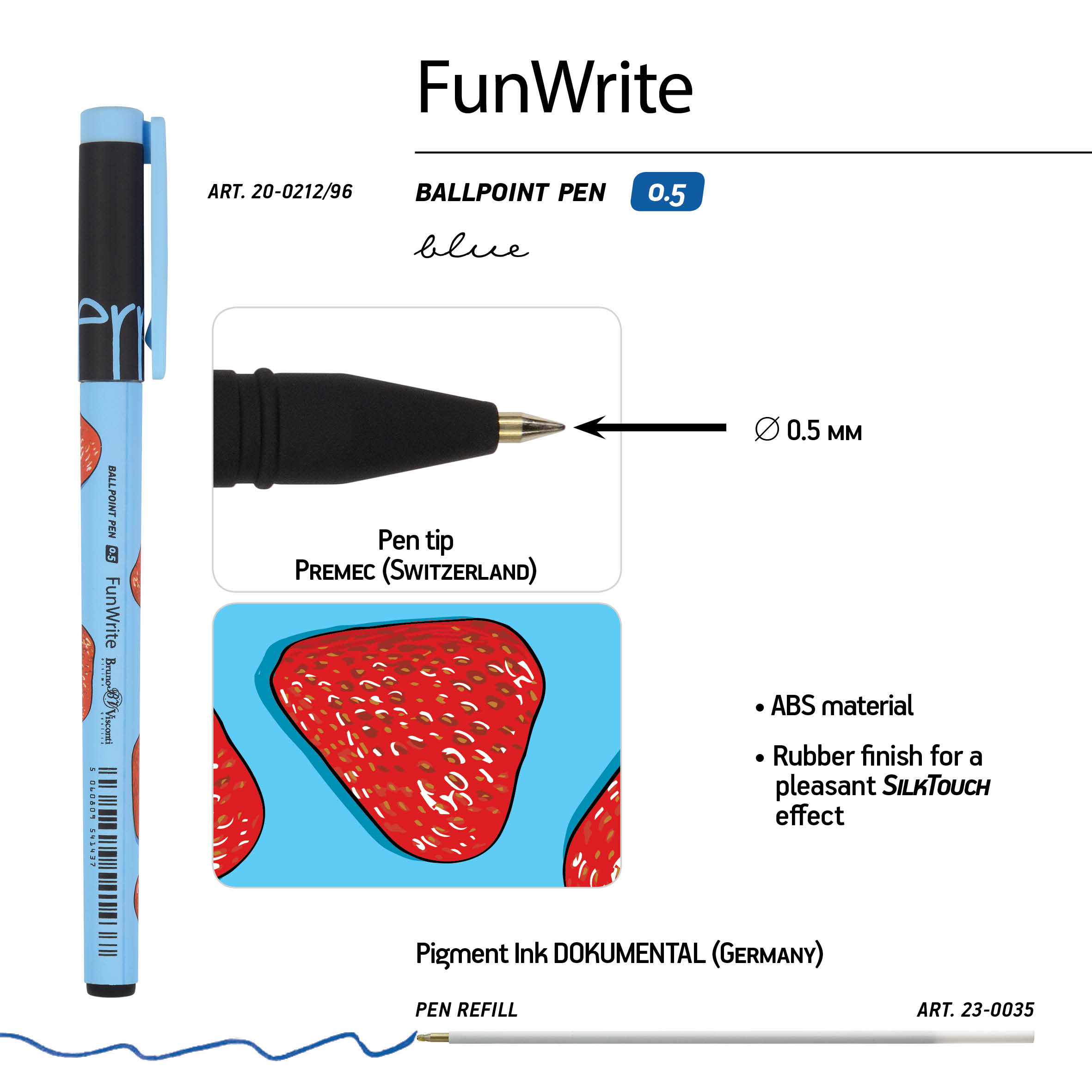 РУЧКА "FunWrite. Ягоды. Графика. Клубника" ШАРИКОВАЯ 0.5 ММ, СИНЯЯ