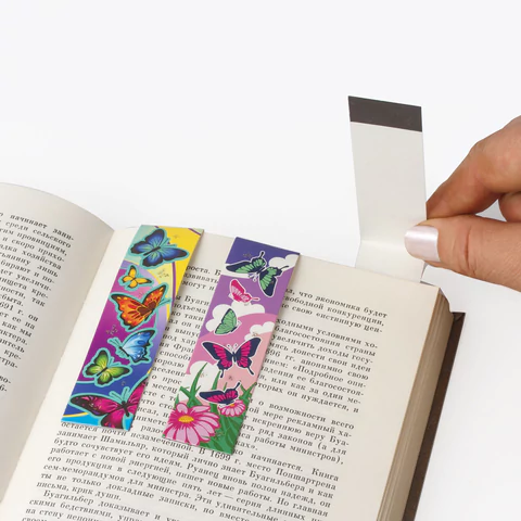 Закладки для книг с магнитом БАБОЧКИ, набор 6 шт., блестки, 25x196 мм, ЮНЛАНДИЯ,