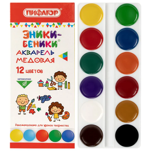 Краски акварельные медовые ПИФАГОР "ЭНИКИ-БЕНИКИ NEW", 12 цветов,
