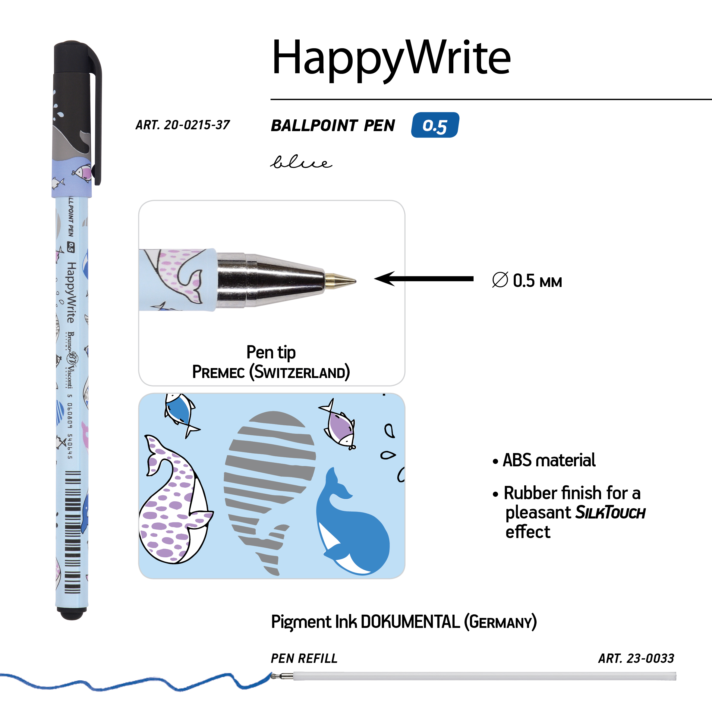 РУЧКА "HappyWrite. Друзья. Киты" ШАРИКОВАЯ 0.5 ММ, СИНЯЯ