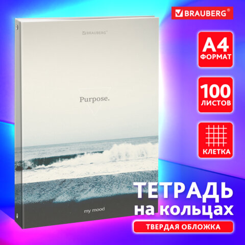 Тетрадь на кольцах БОЛЬШАЯ 210х305мм А4, 100л, обложка картон, клетка, BRAUBERG,