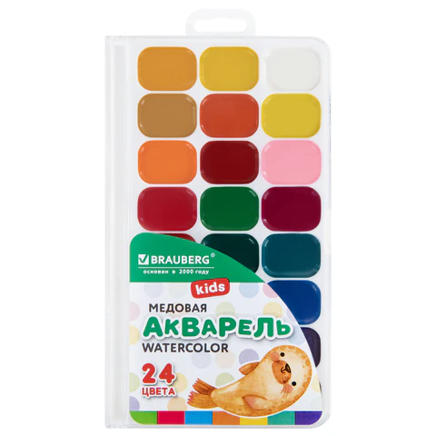 Краски акварельные BRAUBERG KIDS NEW, медовые, 24 цвета, квадратные кюветы, Краски акварельные BRAUBERG KIDS NEW, медовые, 24 цвета, квадратные кюветы,