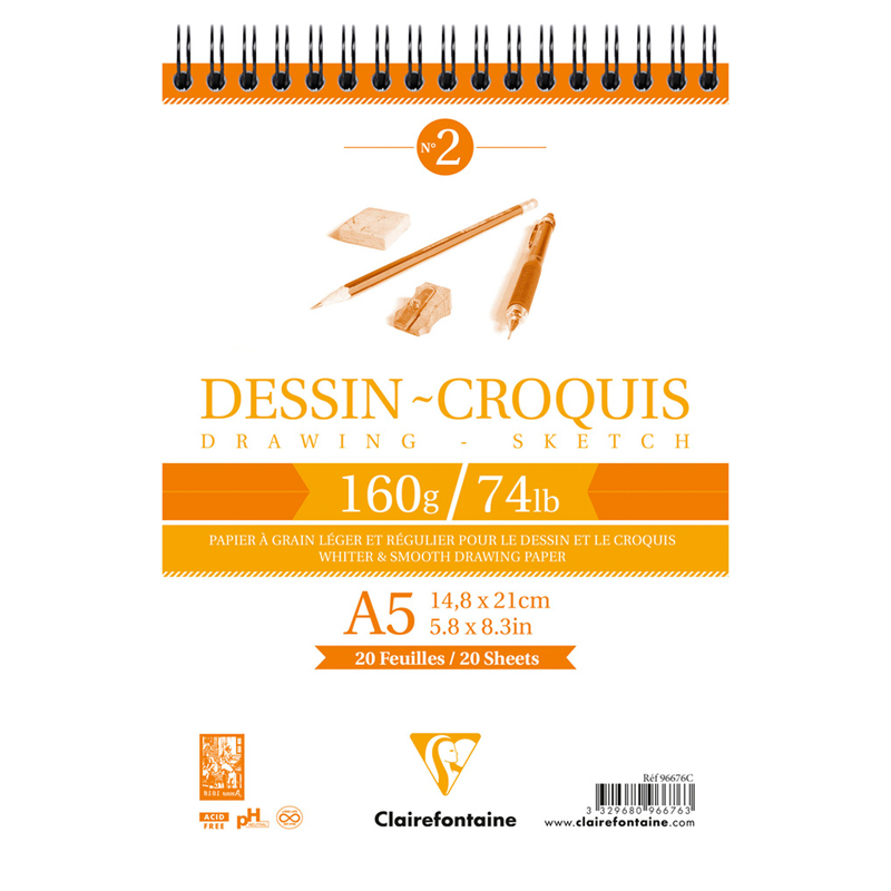 Блокнот для эскизов и зарисовок 35л. А5 на гребне Clairefontaine "Dessin Блокнот для эскизов и зарисовок 35л. А5 на гребне Clairefontaine "Dessin