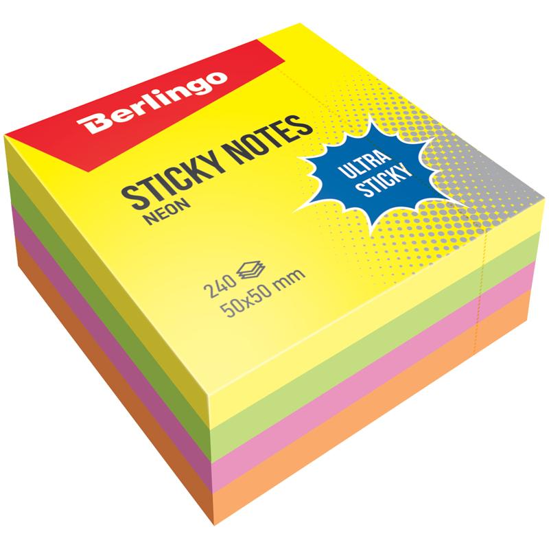 Самоклеящийся блок Berlingo "Ultra Sticky", 50*50мм, 240л, 4 неоновых Самоклеящийся блок Berlingo "Ultra Sticky", 50*50мм, 240л, 4 неоновых