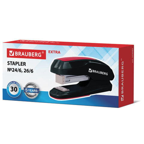 Степлер №24/6, 26/6 BRAUBERG "Extra", до 30 листов, черно-красный,