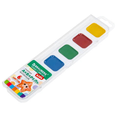 Краски акварельные BRAUBERG KIDS NEW, медовые, 6 цветов, квадратные кюветы, Краски акварельные BRAUBERG KIDS NEW, медовые, 6 цветов, квадратные кюветы,