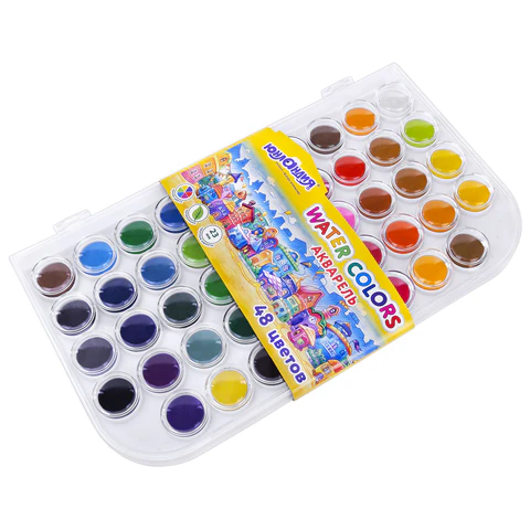 Краски акварельные ЮНЛАНДИЯ "ДОМИКИ", 48 цветов, круглые кюветы 23 мм,