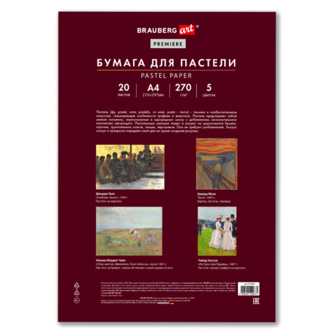 Бумага для пастели ФАКТУРНАЯ, А4, в папке, 20 листов, 5 цветов, 270 г/м2,