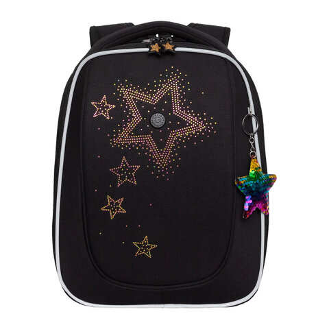 Ранец GRIZZLY анатомическая спинка, с брелоком, для девочек, "STARS", Ранец GRIZZLY анатомическая спинка, с брелоком, для девочек, "STARS",