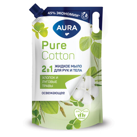 Мыло жидкое 2 в 1 для рук и тела 850 мл, AURA Pure Cotton "Хлопок и луговые Мыло жидкое 2 в 1 для рук и тела 850 мл, AURA Pure Cotton "Хлопок и луговые