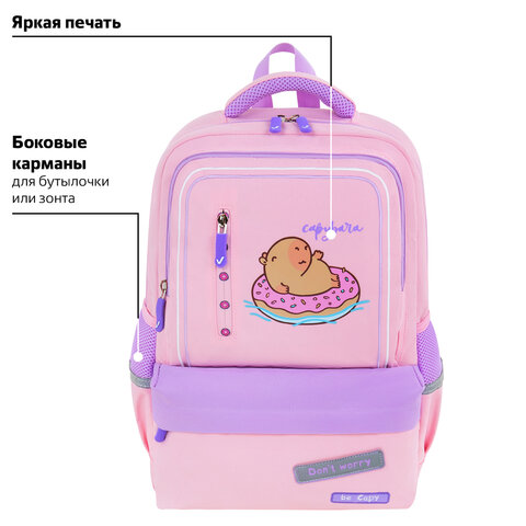 Рюкзак BRAUBERG STAR, 1 отделение, 5 карманов, "Capybara", розовый,