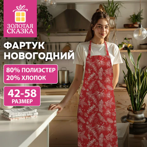Фартук новогодний (1 шт.), 70х80 см, с изображением ЕЛОВЫХ ВЕТОЧЕК, полиэстер,