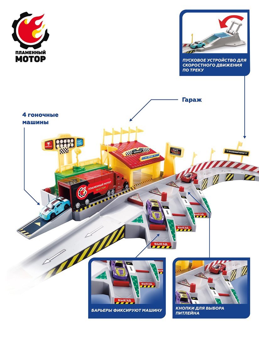 Трек Пит-стоп, 4 машины, пусковое устройство, 3 кнопки для выбора питлейна  купить оптом, цена от 1270.98 руб. 4630155215507
