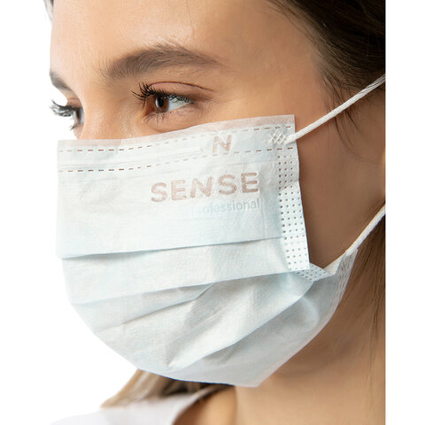 Маски медицинские SENSE одноразовые КОМПЛЕКТ 50 штук короб, 3-х слойные,