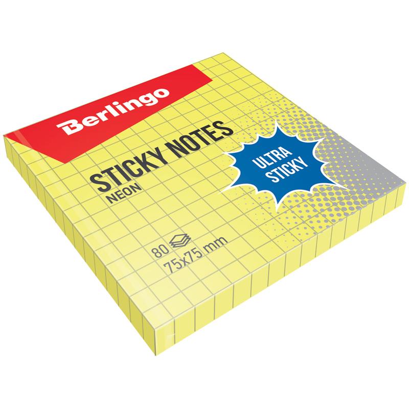Самоклеящийся блок Berlingo "Ultra Sticky", 75*75мм, 80л, в клетку, Самоклеящийся блок Berlingo "Ultra Sticky", 75*75мм, 80л, в клетку,