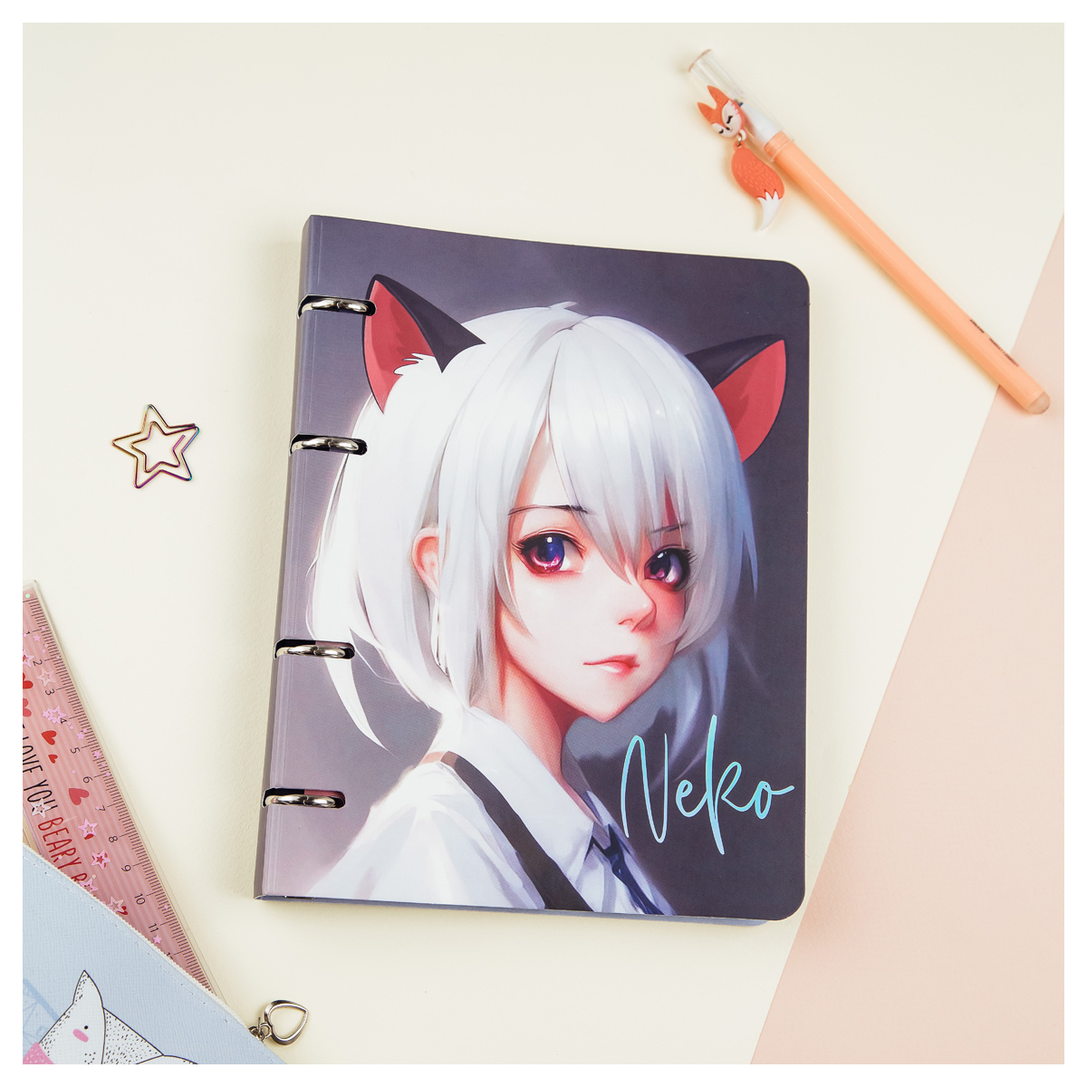 Тетрадь на кольцах А5, 100л., MESHU "Neko", картон, матовая ламинация, Тетрадь на кольцах А5, 100л., MESHU "Neko", картон, матовая ламинация,