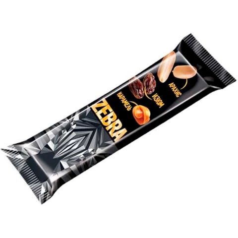 Батончик вафельный глазированный ZEBRA с изюмом и арахисом в мягкой карамели, 40