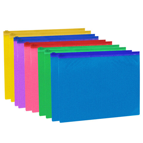 Папка-конверт на молнии А4 (230х333 мм), ПВХ, цвет ассорти с блестками, 0,15 мм,