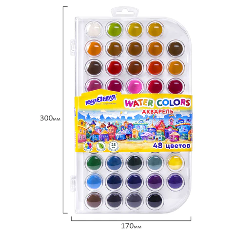 Краски акварельные ЮНЛАНДИЯ "ДОМИКИ", 48 цветов, круглые кюветы 23 мм,