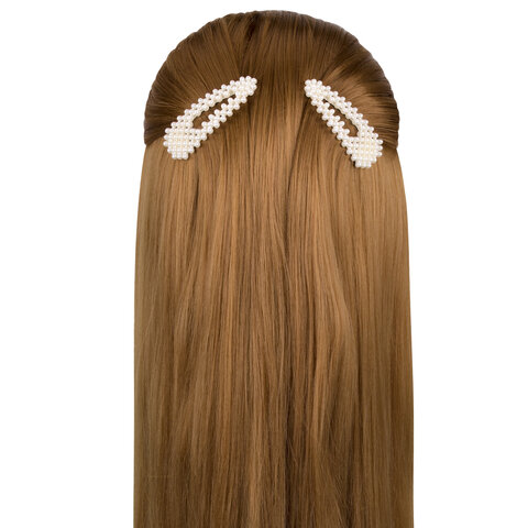 Заколки для волос НАБОР 2 шт., 7,5х2,5 см, клик-клак, с жемчужинами, белый, Заколки для волос НАБОР 2 шт., 7,5х2,5 см, клик-клак, с жемчужинами, белый,