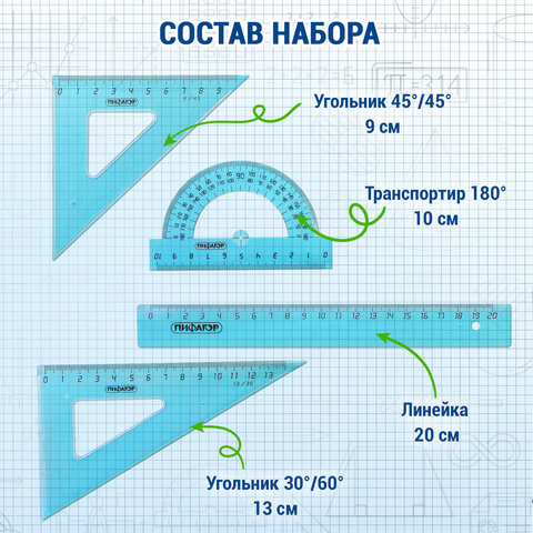 Набор чертежный средний ПИФАГОР (линейка 20 см, 2 треугольника, транспортир),