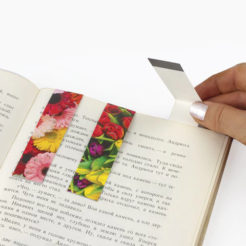 Закладки для книг с магнитом ЦВЕТЫ, набор 6 шт., блестки, 25x196 мм, ЮНЛАНДИЯ,