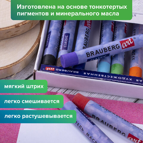 Пастель масляная художественная BRAUBERG ART CLASSIC, 24 цвета, круглое сечение,