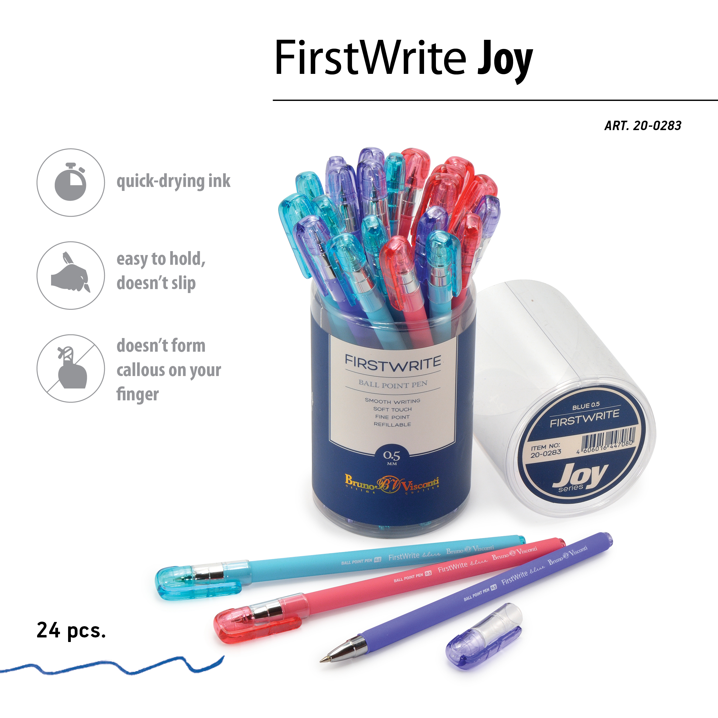 РУЧКА "FirstWrite. Joy" ШАРИКОВАЯ 0.5 ММ, СИНЯЯ (3 цвета корпуса)