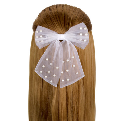 Заколка для волос 16х14 см, баретте с бантом и бусинами, белый, MONTE VITA Заколка для волос 16х14 см, баретте с бантом и бусинами, белый, MONTE VITA