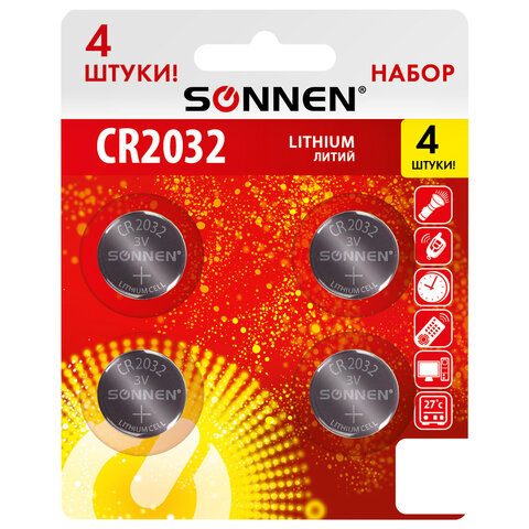 Батарейки литиевые SONNEN Lithium CR2032, "таблетки, дисковые, Батарейки литиевые SONNEN Lithium CR2032, "таблетки, дисковые,