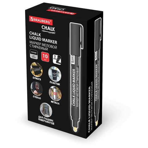 Маркер меловой CHALK LIQUID MARKER, ЧЕРНЫЙ, 3 мм, стираемый, BRAUBERG Маркер меловой CHALK LIQUID MARKER, ЧЕРНЫЙ, 3 мм, стираемый, BRAUBERG