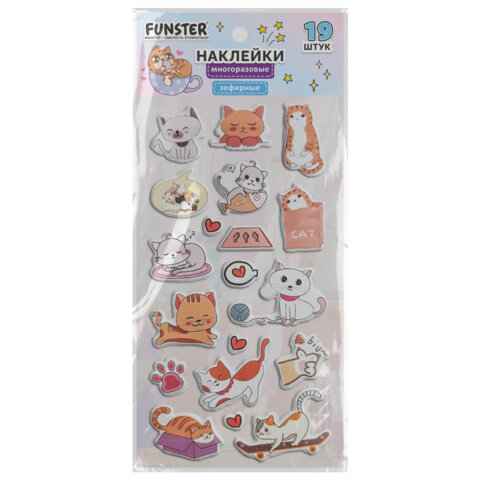 Наклейки зефирные "Котики", 18х9,5 см, ассорти 6 видов, FUNSTER