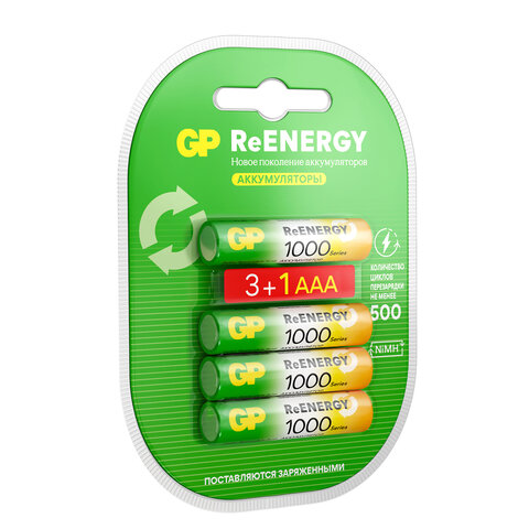 Батарейки аккумуляторные GP ReEnergy Ni-Mh КОМПЛЕКТ 4 шт. (ПРОМО 3+1), ААА Батарейки аккумуляторные GP ReEnergy Ni-Mh КОМПЛЕКТ 4 шт. (ПРОМО 3+1), ААА