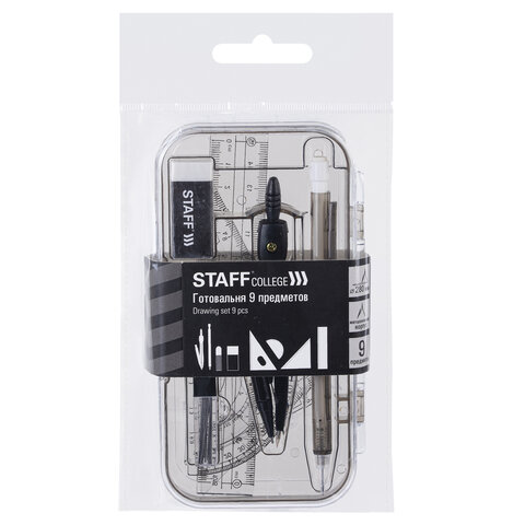 Готовальня STAFF "College" 9 предметов: циркуль 120 мм, чертежные Готовальня STAFF "College" 9 предметов: циркуль 120 мм, чертежные