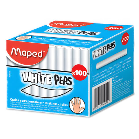 Мел белый MAPED (Франция) "White'Peps", АНТИПЫЛЬ, НАБОР 100 шт.,