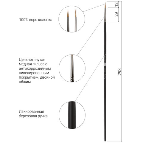 Кисть художественная проф. BRAUBERG ART CLASSIC, колонок, круглая, № 2, длинная