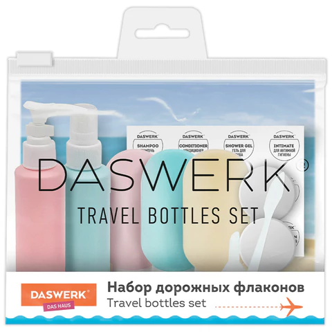 Дорожный набор флаконов в косметичке, 7 флаконов (5х60 мл / 2х10 мл), DASWERK Дорожный набор флаконов в косметичке, 7 флаконов (5х60 мл / 2х10 мл), DASWERK
