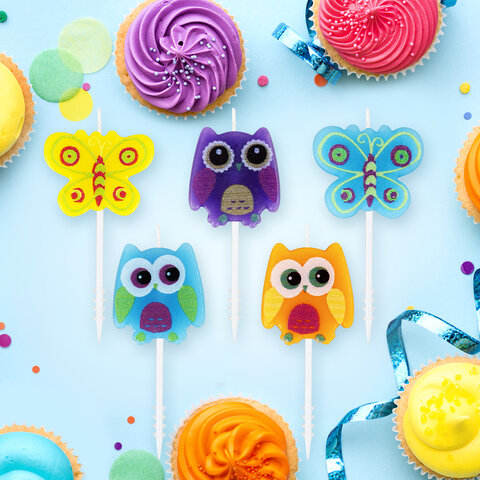 Свечи фигурные для торта на шпажках "Совы и бабочки", 5 шт., Свечи фигурные для торта на шпажках "Совы и бабочки", 5 шт.,