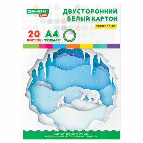 Картон белый А4 МЕЛОВАННЫЙ EXTRA (белый оборот) 20 листов папка, BRAUBERG KIDS,